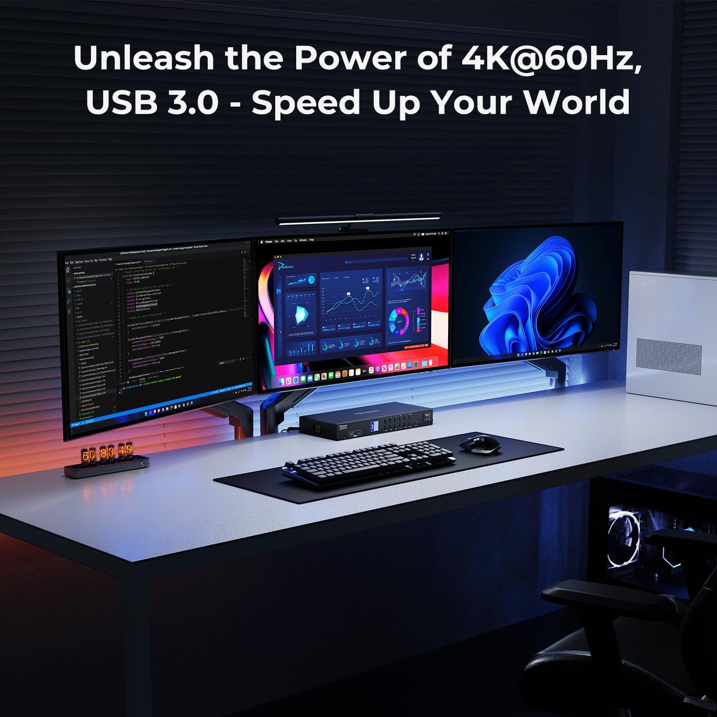 TESmart USB 3.0 KVM Switch 3 Monitors 4 Computers 4K@60Hz, HDMI+DP KVM Docking Station, EDID Emulators, 1G Ethernet, Hotkey Switch, 2K@144Hz for Gaming & Home Office, Audio & Mic with All Input Cables