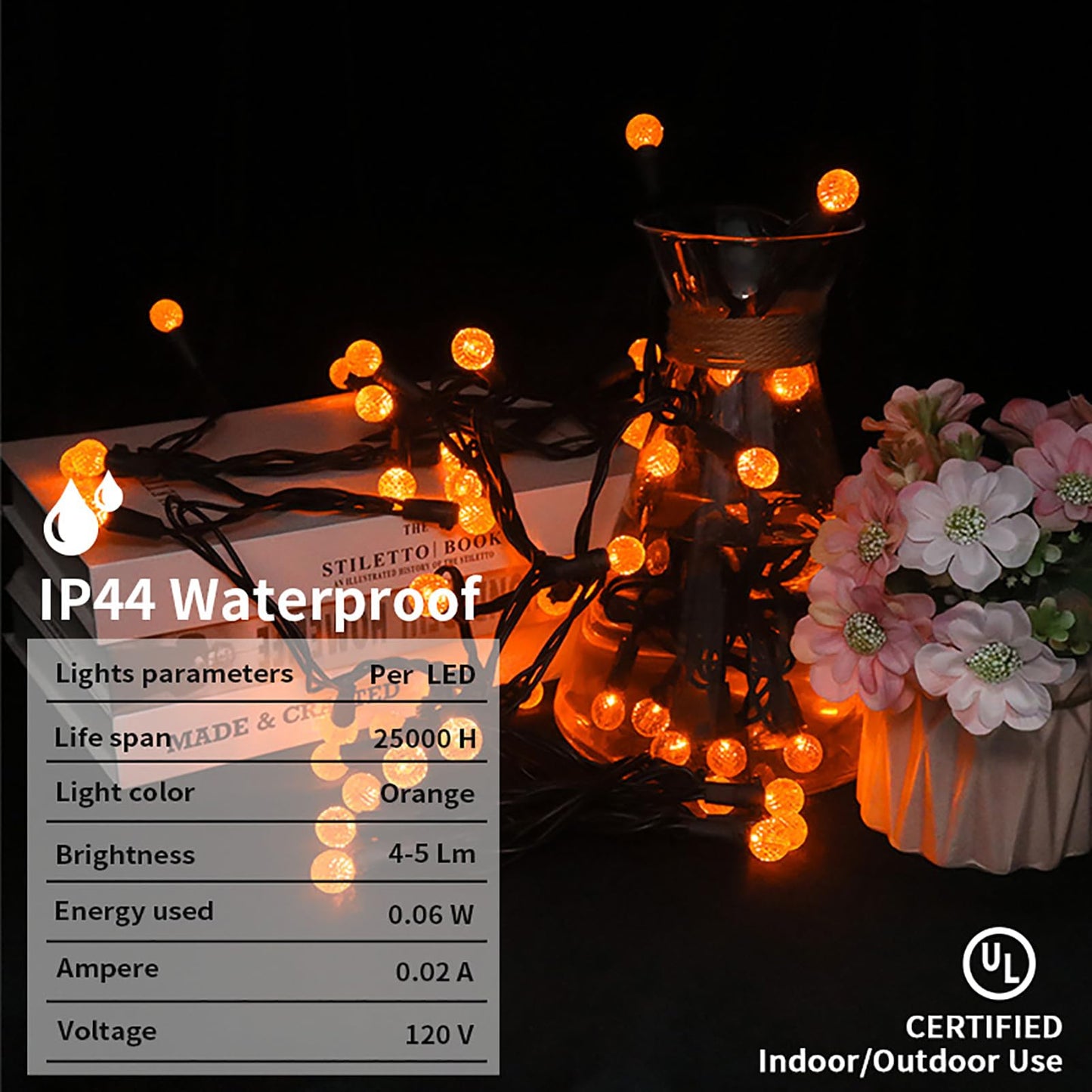 18.6Ft 50 Led Orange Halloween Lights G12 Mini Globe Ball String Lights For Small Tree Crafts Holiday Indoor/Outdoor Christmas Thanksgiving Day Halloween Decorations  Ul Certified  Connectable  Orange