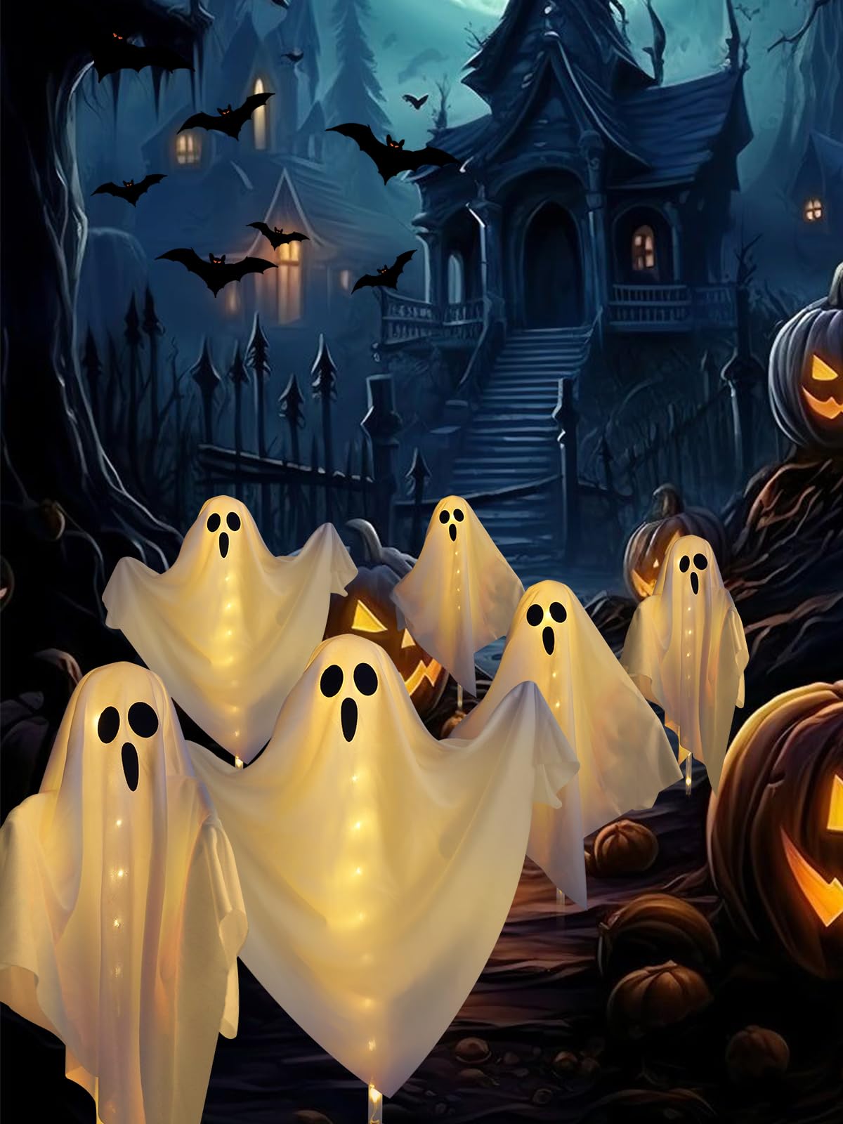 Albelt 3-Pack Ghost Solar Powered Halloween Decorations, Warm White, 8 Modes, Waterproof, Model SSLGW