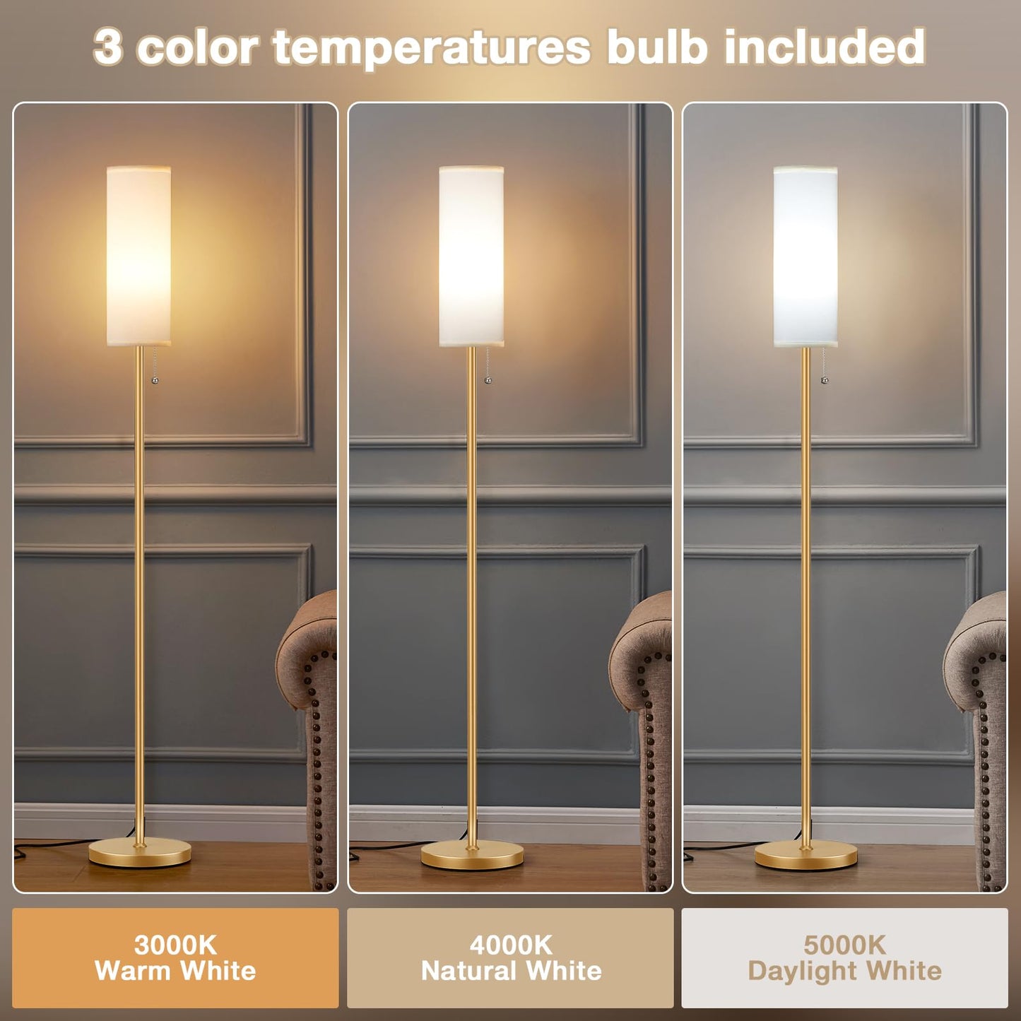 Ambimall Floor Lamp, 64in Minimalist Standing Lamp, Metal with Linen Shade, 3 Color Temperatures, White & Gold, Model RPT-ZGB20213