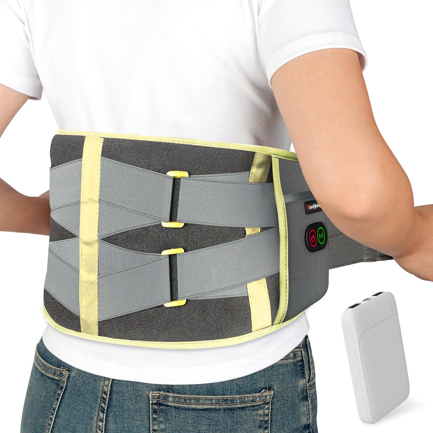 Comfytemp Cordless Heating Pad with Massager for Back, Portable Lower Back Massager FSA Eligible HSA Rechargeable Wireless Electric, Birthday Gifts for Women Men Mom Dad Seniors 30Auto-Off Grey Yellow