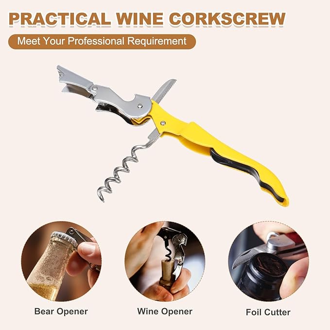 uxcell 2 Pcs 4.8" Stainless Steel Wine Opener, Waiter Corkscrew Professional Wine Key Bottle Opener with Double Hinged Foil Cutter for Bar Servers Waiter Bartender and Home, Yellow