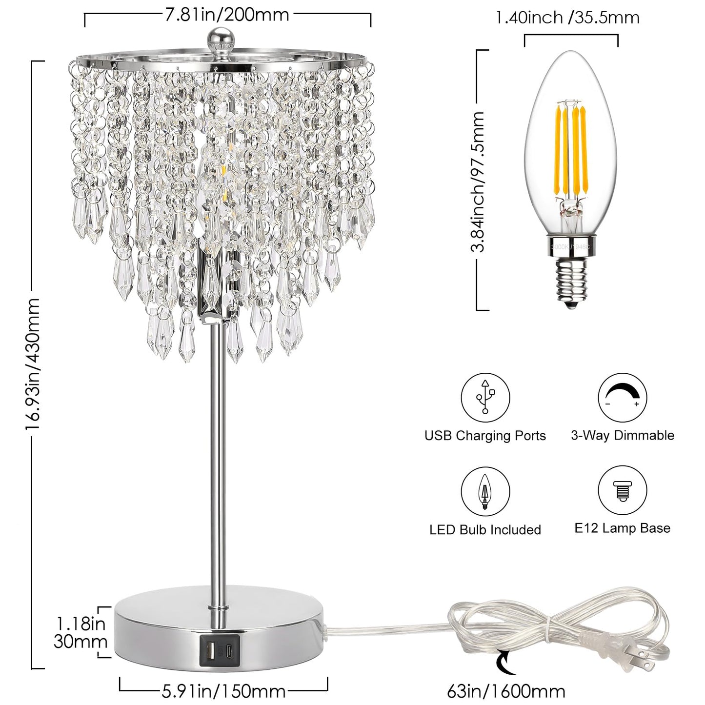 Seaside Village Touch Control Crystal Table Lamp, 3-Way Dimmable, Dual USB Charging Ports, Silver, Model 13047