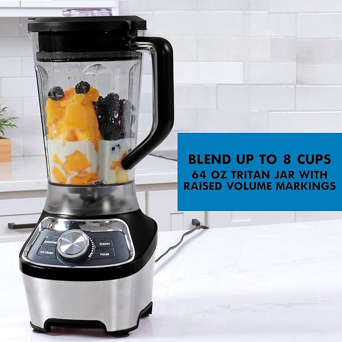 Kenmore Countertop Blender - Smoothie Maker Ice Crush Modes Self-Clean 64 oz Tritan Pitcher Variable Speed Stainless Steel Blades Dishwasher-Safe Kitchen Appliance 1200W Black