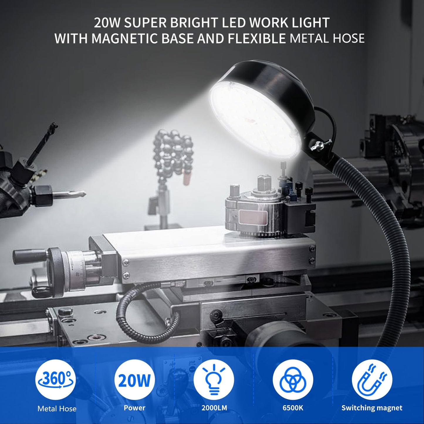 WangJiaTai Magnetic Work Light, LED Machine Light, Work Light with Flexible & Magnetic Base, Shop Tool Lamp for Lathe, Work Bench, Sewing Machine, Bandsaw, Industrial Lighting, 2000 Lumens, Black