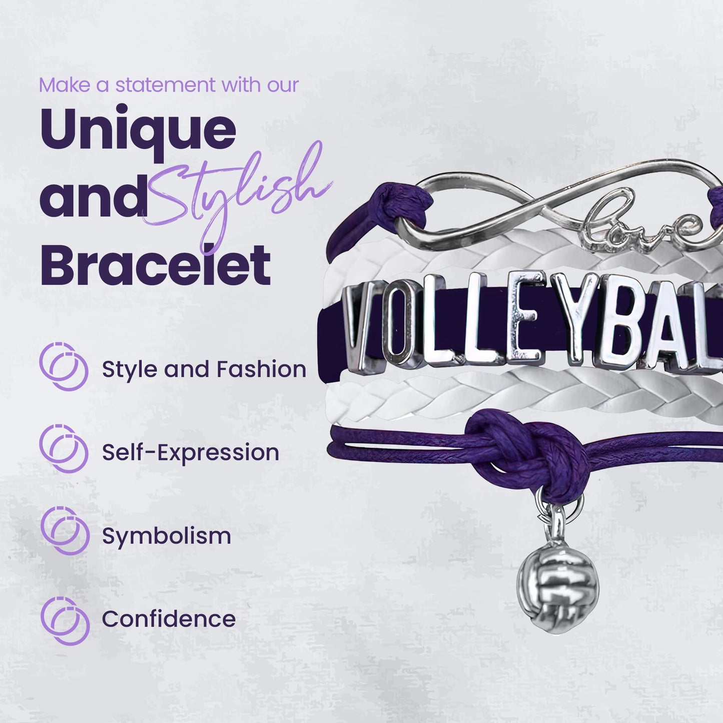 Sportybella Volleyball Bracelet, Purple and White Adjustable Infinity Love Charm Bracelet, Volleyball Jewelry and Accessories, G