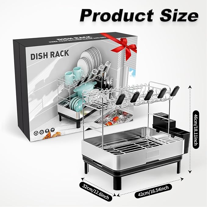 Dish Drying Rack, 2 Tier Large Dish Rack, Stainless Steel Dish Drainer for Kitchen Counter, Dishes Rack with Automatic Drainage, Utensil Holder,Cups Holder,Space Saving Kitchen Organizer,Black