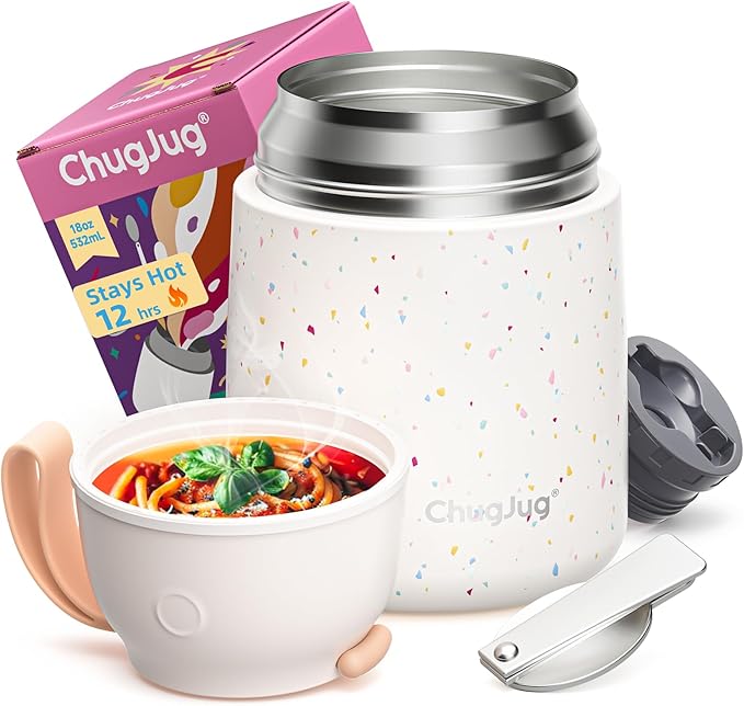 Thermo for Hot Food for Adults Kids | Wide Mouth, 18 oz Insulated Food Jar with Spoon, Leakproof Soup Thermo for School Office Travel, Thermal Steel Lunch Container Easy to Carry (White)
