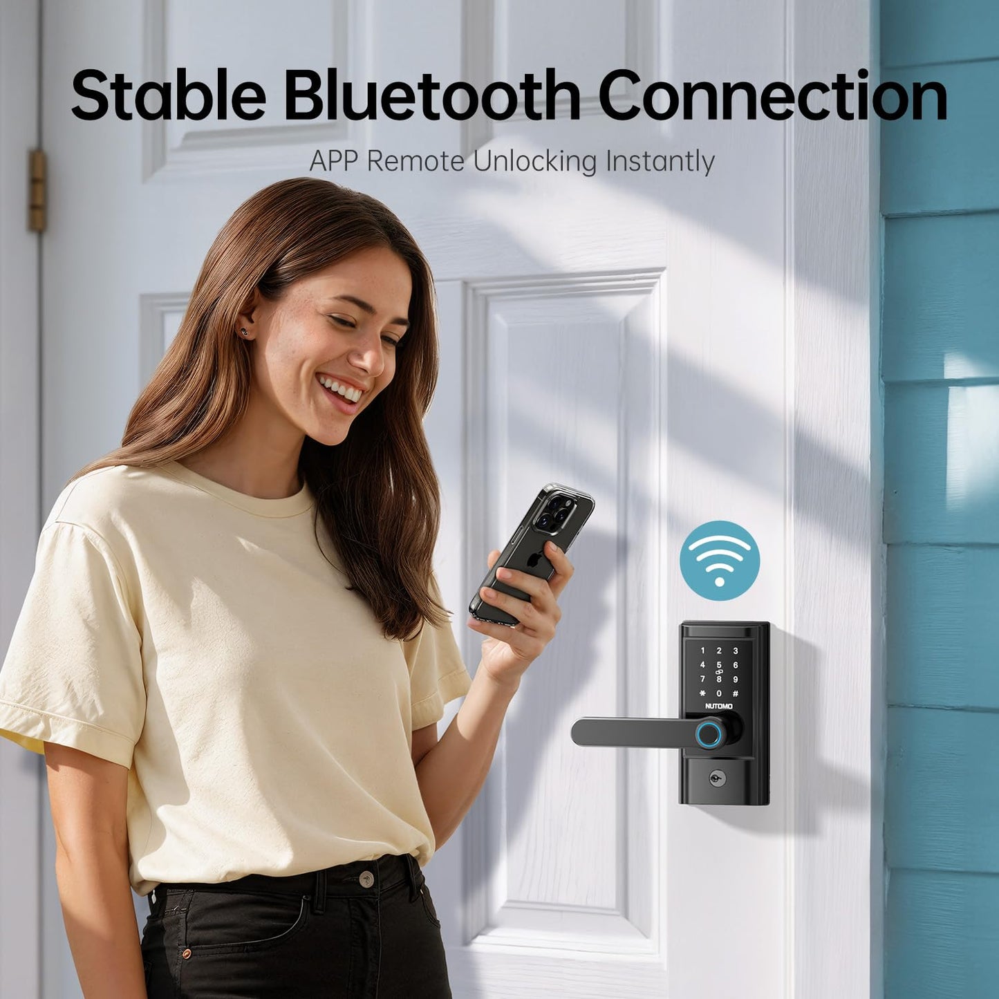 WiFi keypad Door Lock with Handle: NUTOMO keyless Entry doorlock deadbolt with Handle Set,Fingerprint Smart Lock for Front Door,Smart Electronic Deadbolt with Alexa/Bluetooth/App Control Black