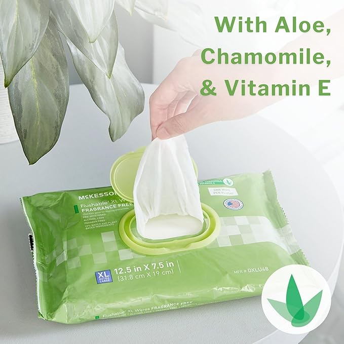 McKesson Flushable* Adult Wet Wipes XL – 288 Wipes (3 Pack of 96) – Aloe & Vitamin E, Plant-Based Cleansing Wipes, Scented, Extra Large