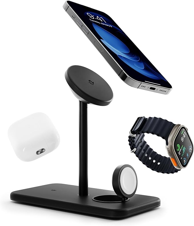 Twelve South HiRise 3 Deluxe, Compact Luxury Wireless Magsafe Charging Stand for iPhone, AirPods and Apple Watch - Includes US Power Supply with 5 Foot Cord, Plus International Plug Adapters, Black