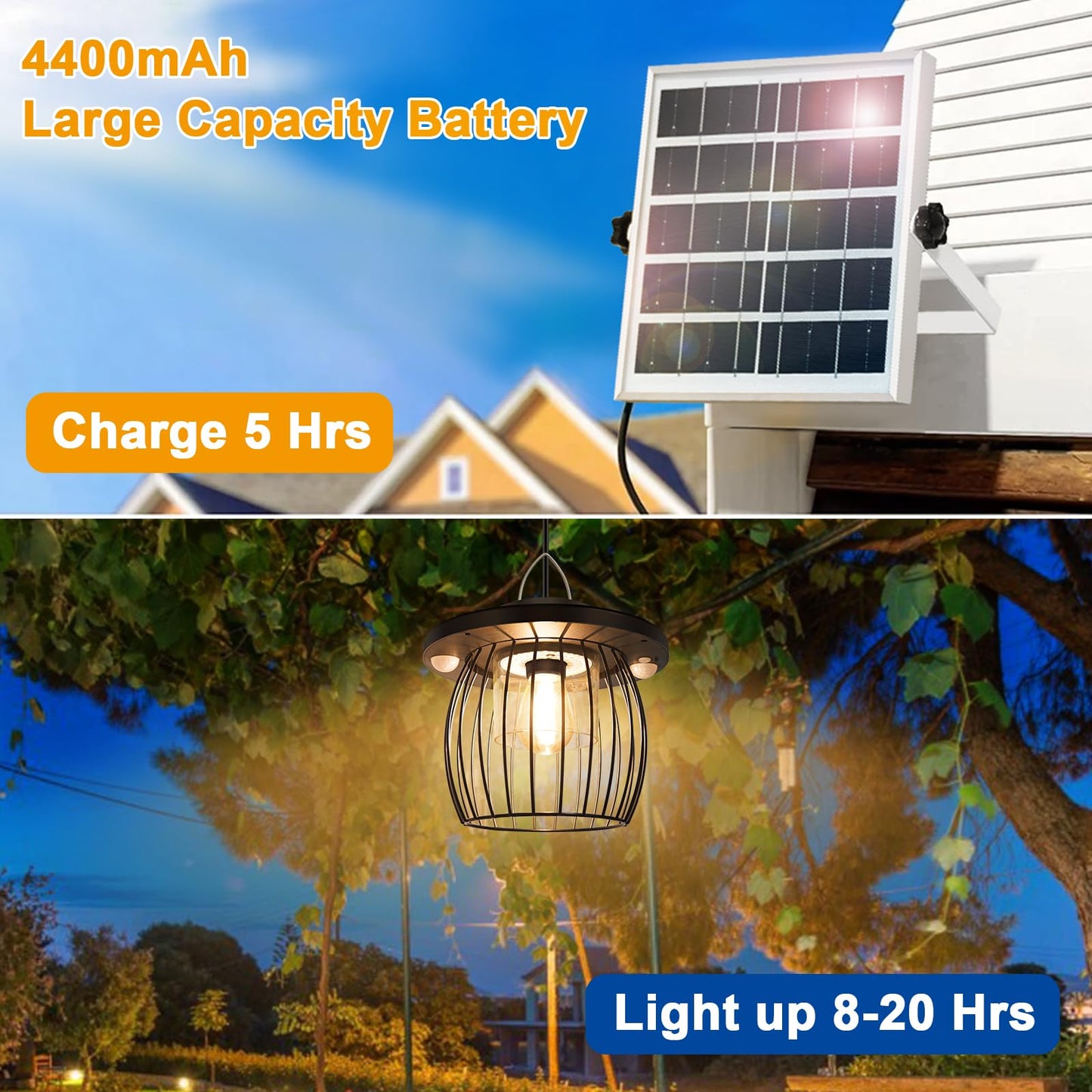 Ladate Solar Shed Lights with 2 Motion Sensors, Waterproof Pendant Lamp, 5 Lighting Modes, 16.4FT Cord, 2 Pack, Cage 2 Pack