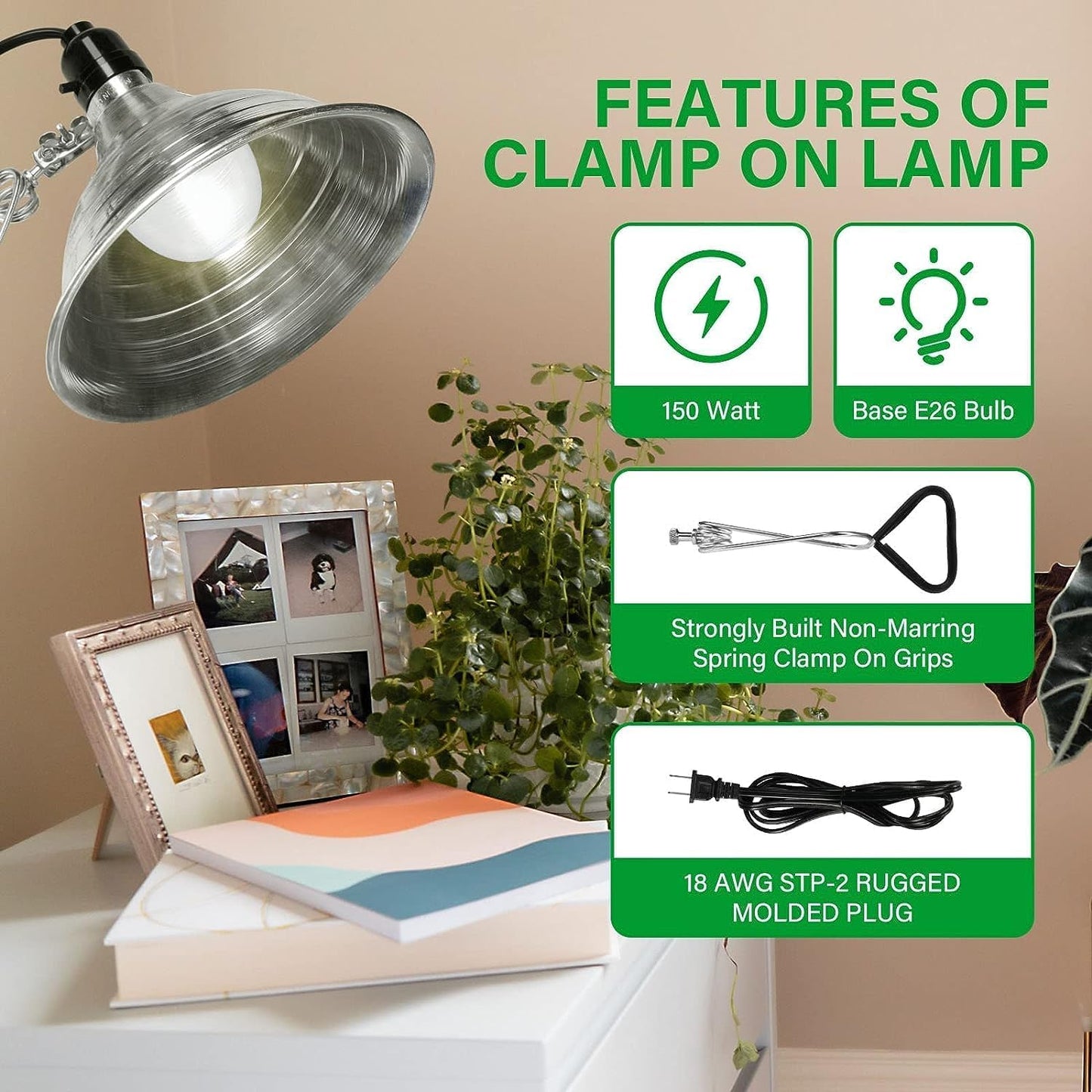 Simple Deluxe Clamp Lamp Light Socket, 8.5in Aluminum Reflector, Max 150W, 6ft Cord, Silver, 6-Pack