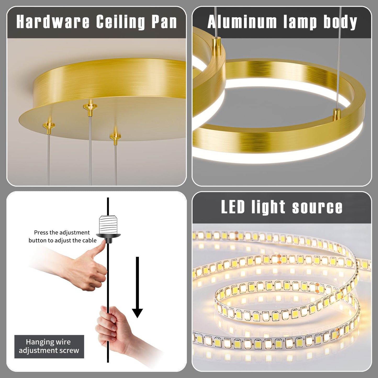 Matven Modern Ceiling Chandelier Light, Remote Control, Dimmable 3 Color Mode, 11.8+15.7+23.6+31.4in, Gold, Model KD