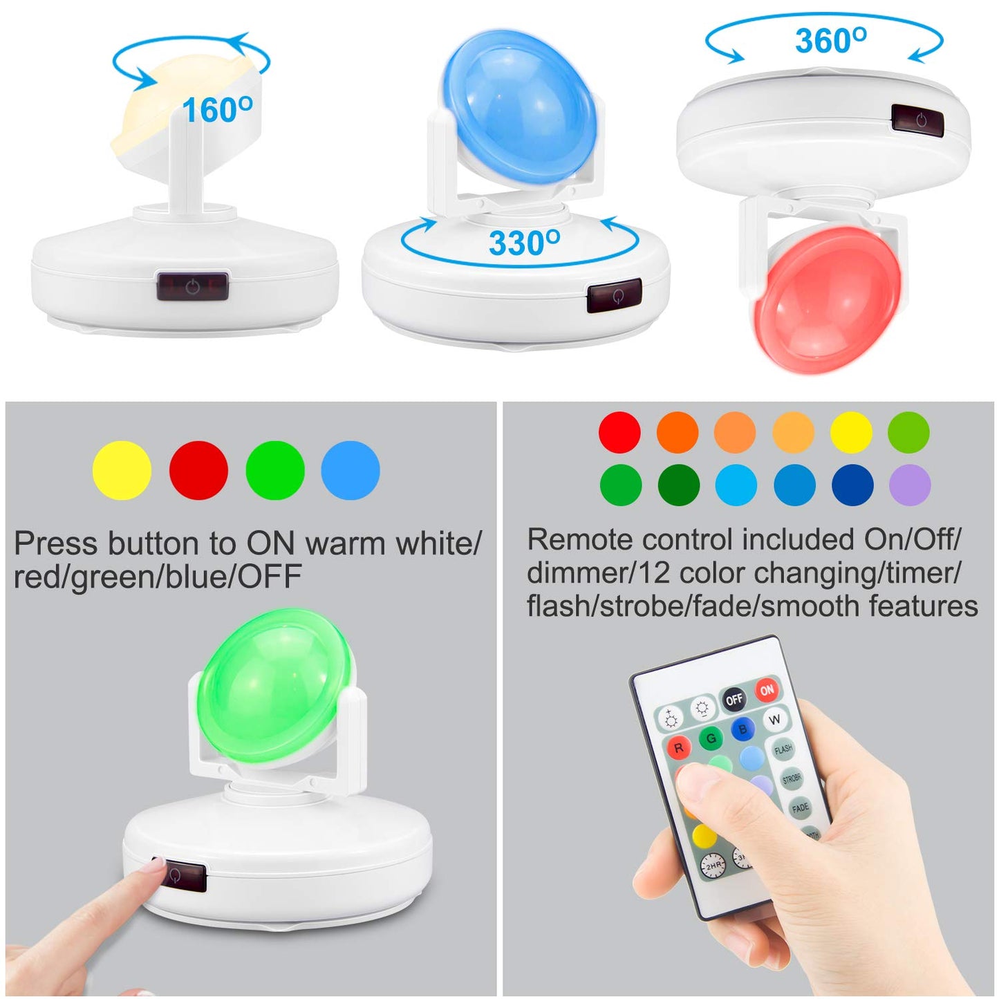Luxsway Accent Spotlights Lights, Dimmable Puck Light, 12 Colors, 330° Rotatable Head, White Head, 2-Pack