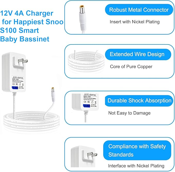 for Snoo Replacement Cord,12V 4A Snoo Power Cable S1000 Compatible with Snoo Model S1000 Happiest Baby Snoo Smart Sleeper Bassinet YLS06511F-120400 YLS06511F120400 83368703 4767SNXX100 Charger