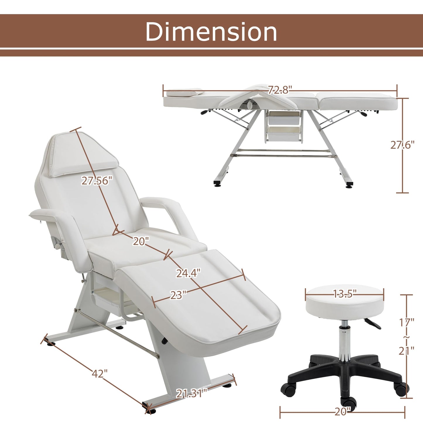 HeureuxBoBo Multi-Purpose 72 in 3-Section Massage Salon Tattoo Chair with Hydraulic Stool, Adjustable Facial Spa Bed, Beauty & Tattoo Equipment