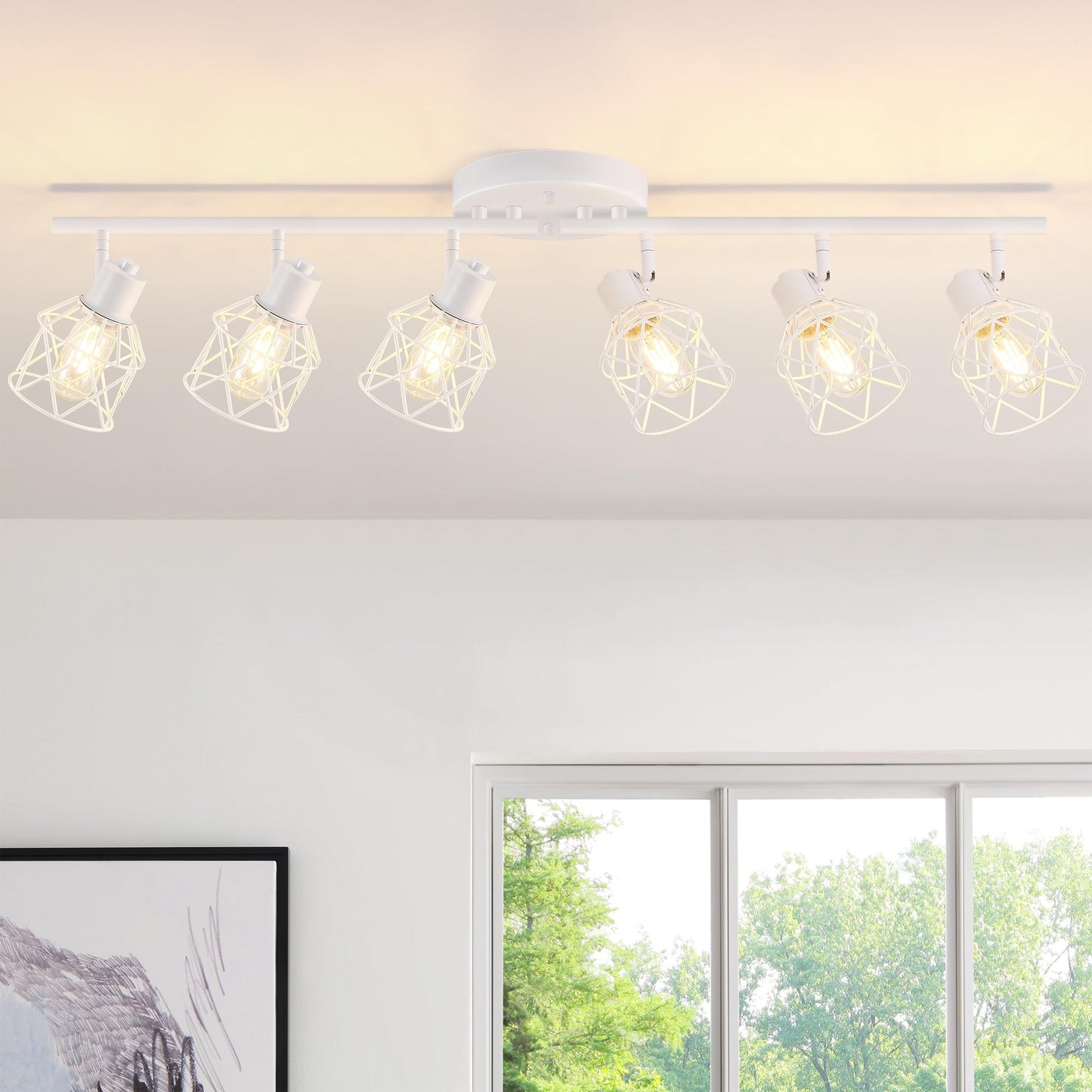 Baocuz 6-Lights White Semi Flush Mount Ceiling Light With Geometric Metal Cage  Modern Kitchen Track Lighting Fixtures Ceiling  Rotatable Close To Ceiling Lamp For Entryway  Living Room  Hallway