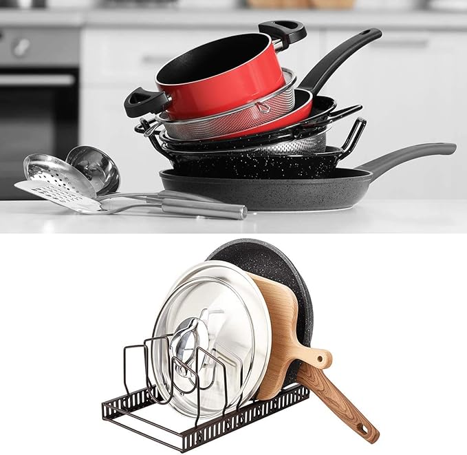 Toplife Pot Lids Organizer Rack for Cabinet and Countertop, 7+ Pan Lids and Bakeware Organizer Rack Holder with 7 Adjustable Compartments - Brown