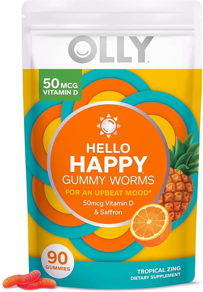 OLLY Hello Happy Gummy Worms, Mood Balance Support, Vitamin D, Saffron, Adult & Undeniable Beauty Gummy, for Hair, Skin, Nails, Biotin, Vitamin C, Keratin, Chewable