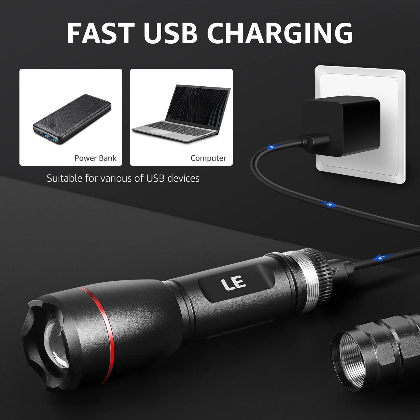 LE Rechargeable Flashlight S1000, 3000 Lumens, Waterproof, 5 Lighting Modes, Black, Aluminum, Compact for Camping and Emergencies