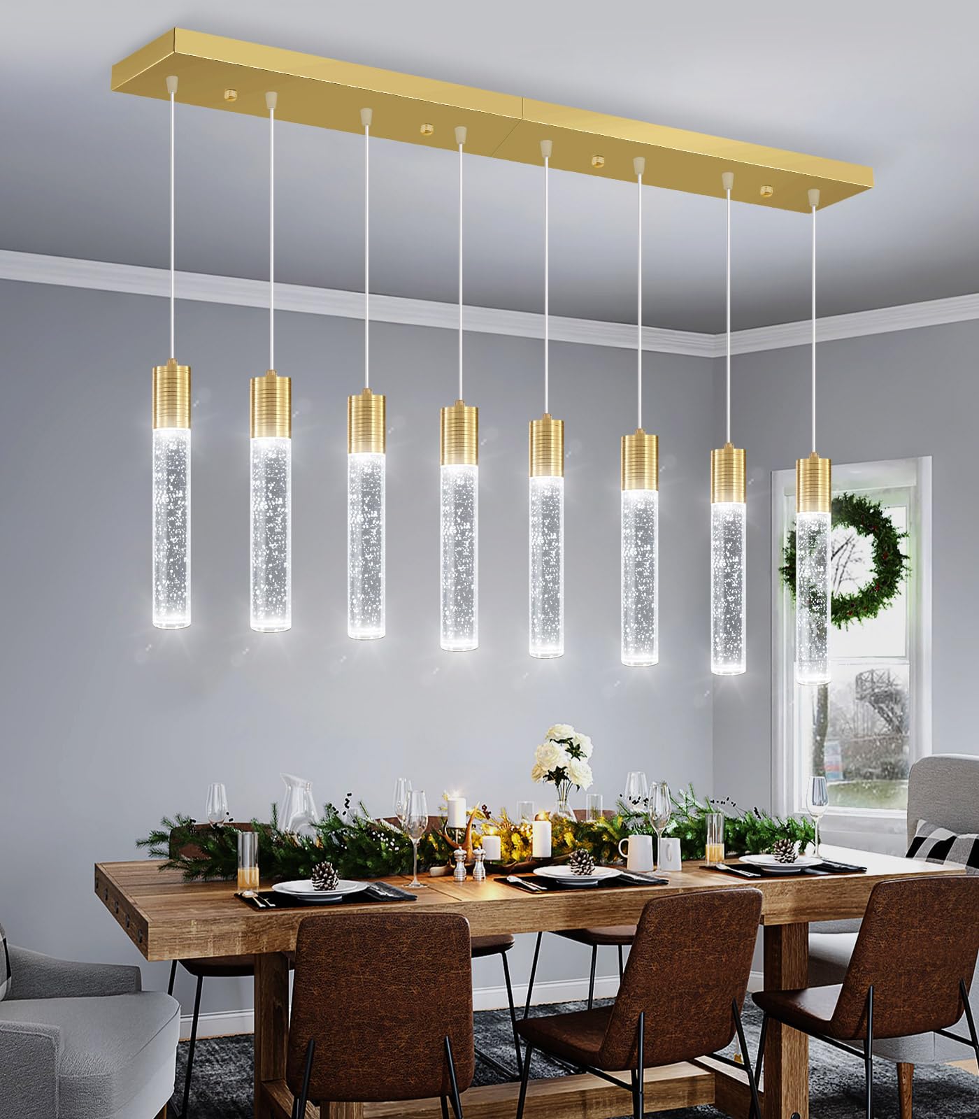 Dolria 8-Lights Modern Crystal Chandeliers For Kitchen Island Pendants Lighting Fixture For Dining Room Led Ceiling Light For Hallway Foyer 6000K Sliver