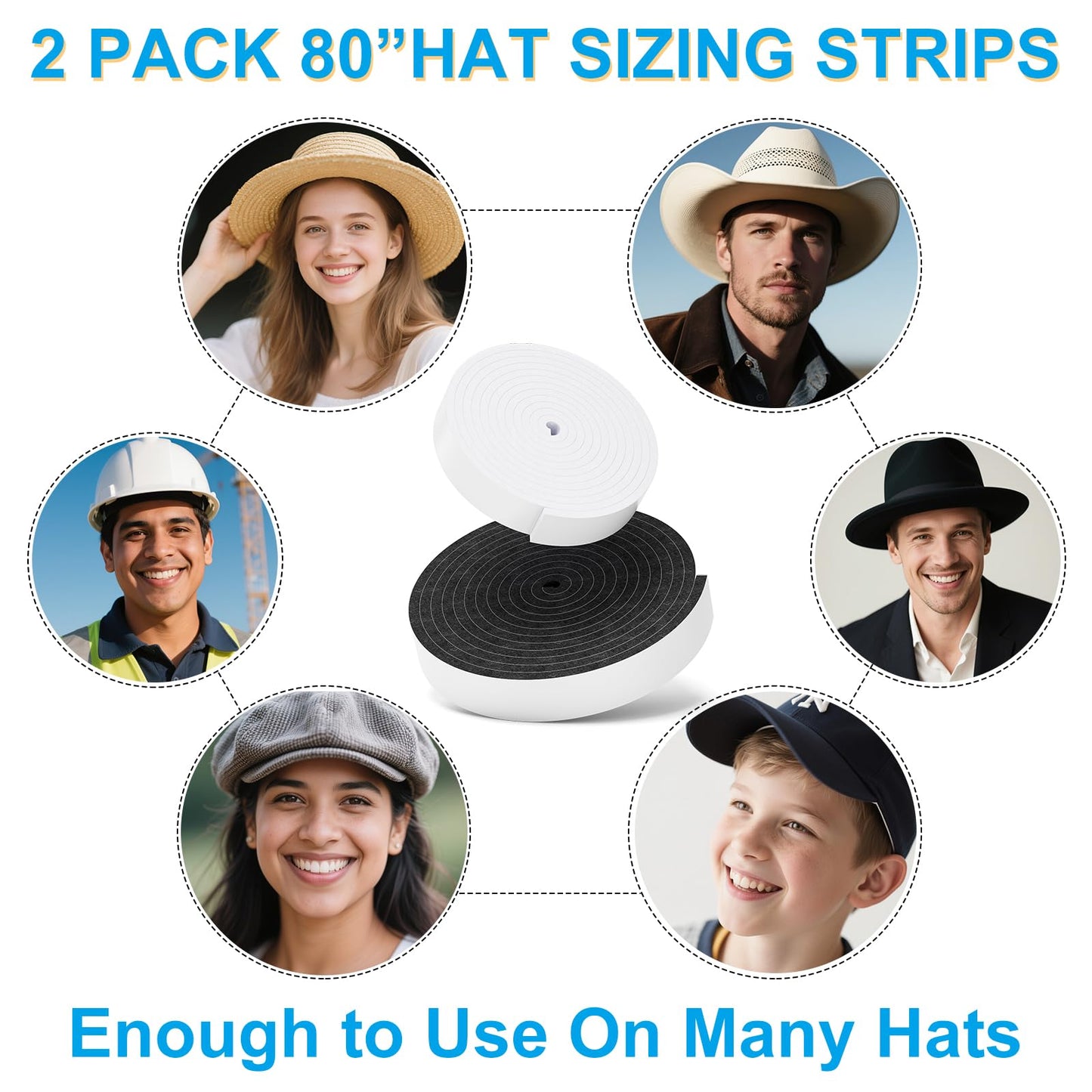 Teraves 2 Pack Hat Size Reducer Tape Roll 80", Hat Sizer Insert Reducing Self Adhesive Foam Filler Tape, Accommodates All Hat Styles, 0.12 Inch and 0.2 Inch Thick, Black and White