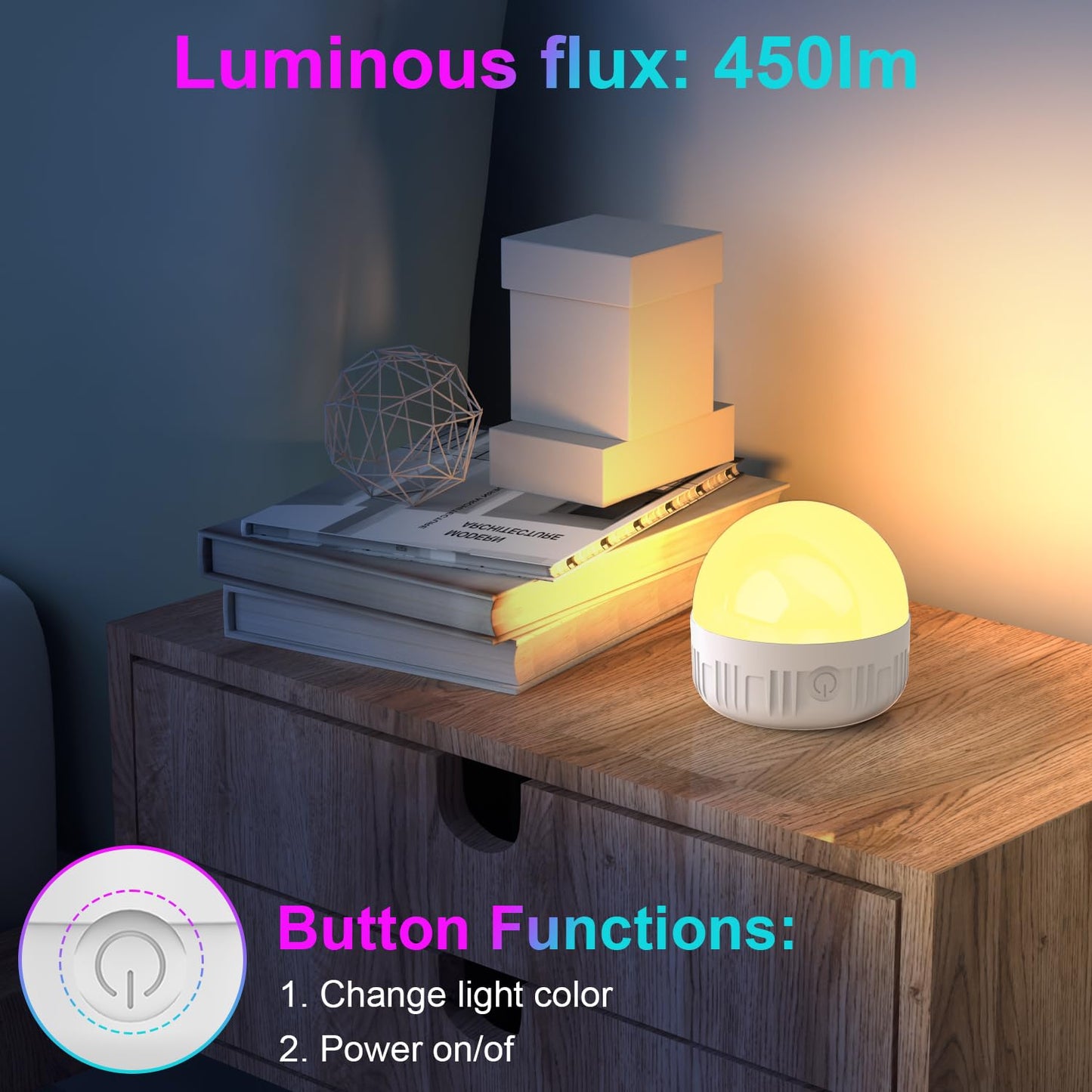 LGMCF Rechargeable Light Bulb with Remote - 6W Dimmable LED, 450LM, 15 Colors, E26, 2-Pack, Magnetic, Model JHW088
