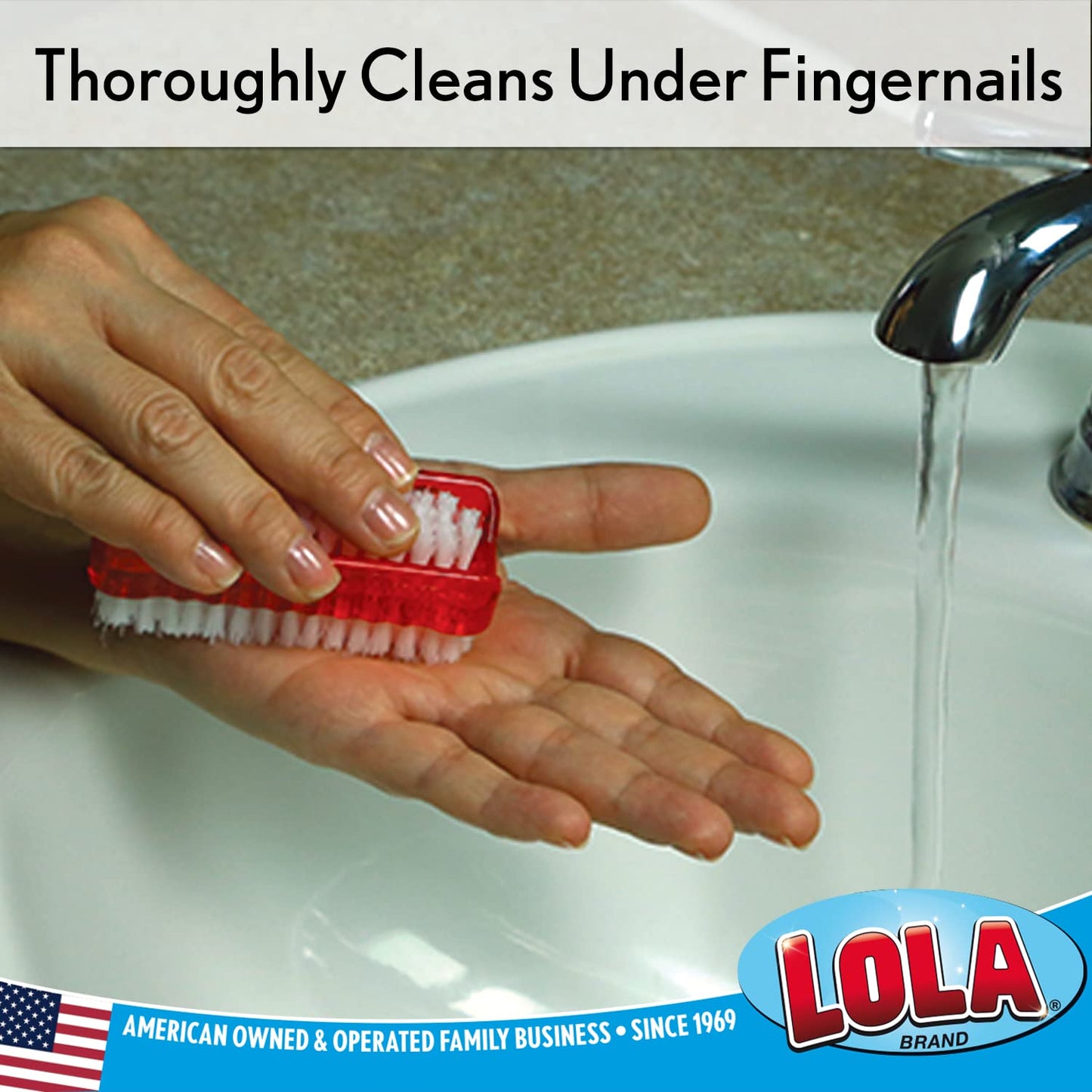 LOLA Classic Hand & Nail Brush, 2 Sided - 3 Pack, Soft & Stiff, Comfortable No-Slip Grip, Cleans Hands & Fingernails, Assorted C