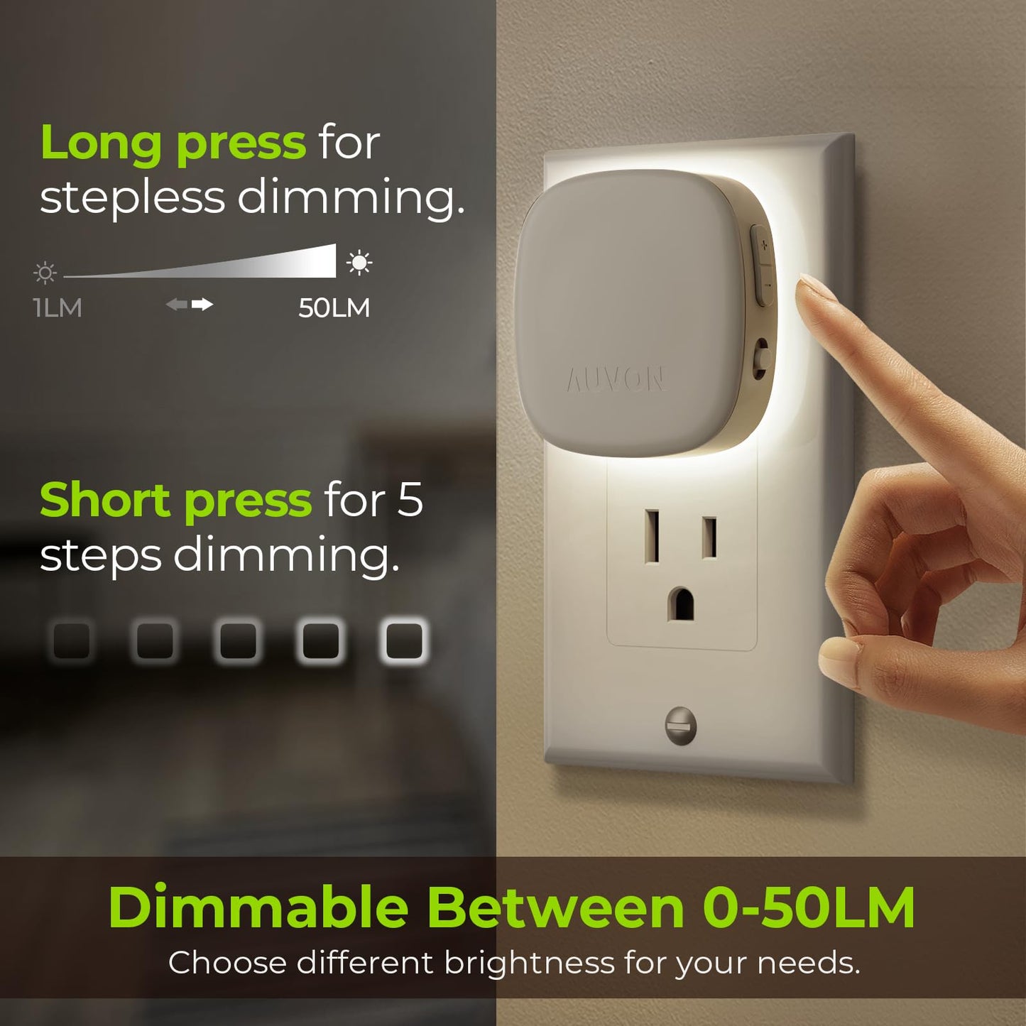AUVON LED Night Light with Motion Sensor, Dimmable 1-50 lm Brightness, Cool White, 4 Pack, Model N001A
