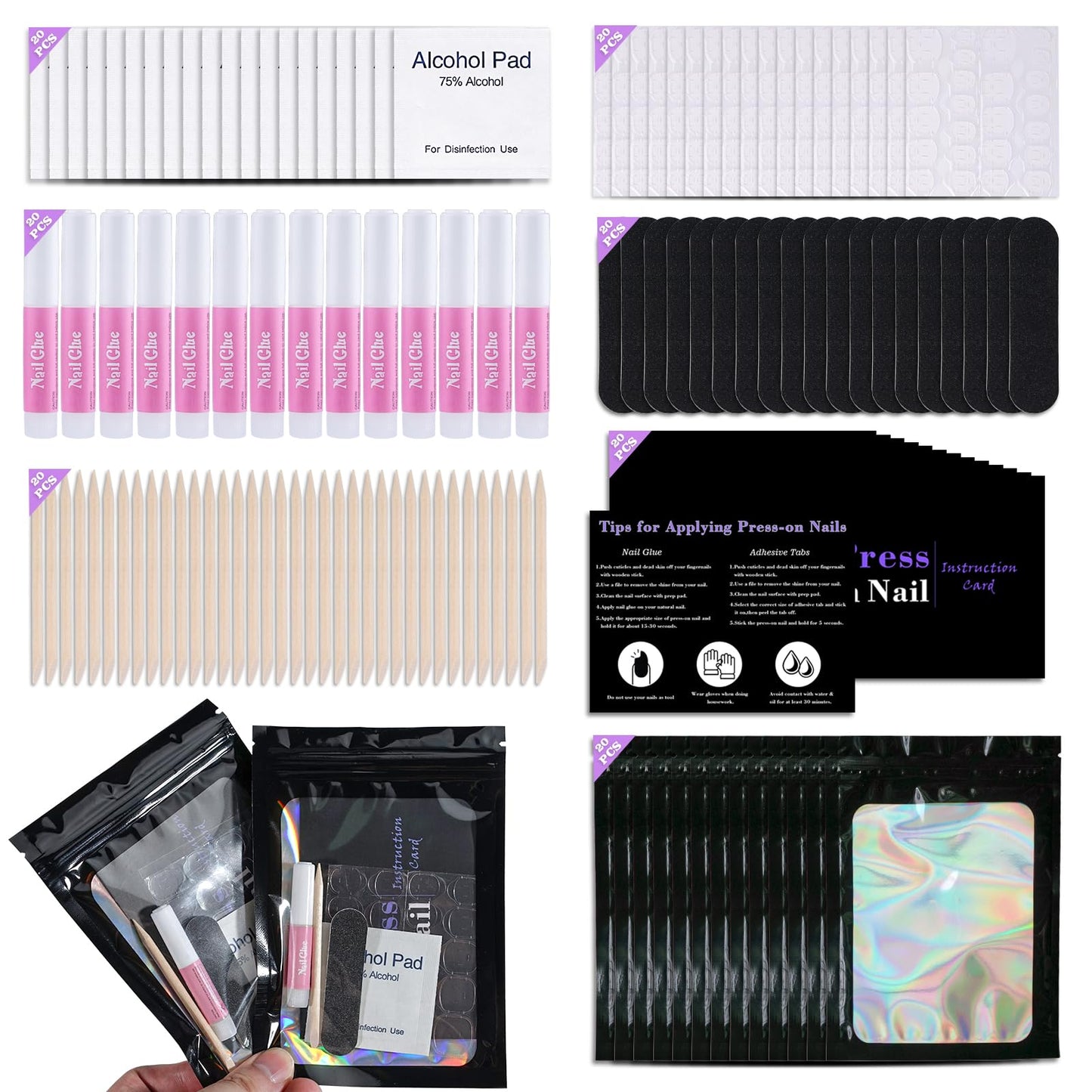 Disposable Nail Supplies Kits,Professional Manicure Press On Nail Tool Kit With Nail File,Adhesive Tabs,Nail Glue,Sticks, Prep P