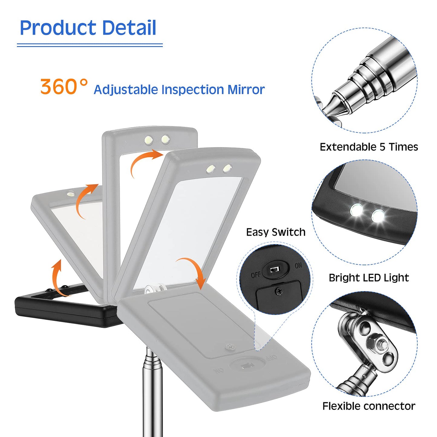 Frienda 2 Pieces Lighted Telescoping Inspection Mirror Flexible Retractable LED Automotive Extension Round Dental Mirror with Light Pickup Tools Birthday Christmas Gift for Men Husband Father