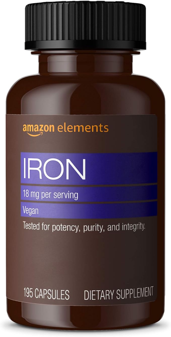 Amazon Elements Vitamin B12 Methylcobalamin 5000 mcg Berry Flavored Lozenges and Amazon Elements Iron 18mg Capsules