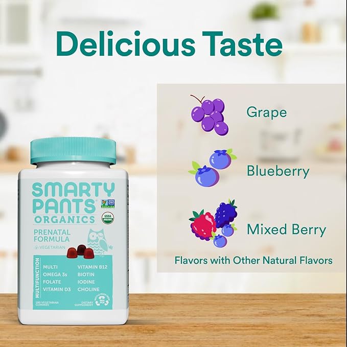 SmartyPants Organic Prenatal Vitamins for Women, Multivitamin Gummies: Biotin, Methylfolate, Omega 3 (ALA), Vitamin D3, C, Vitamin B12, B6, A, K2 & Zinc, Choline, Vegetarian, 180 Count (45 Day Supply)
