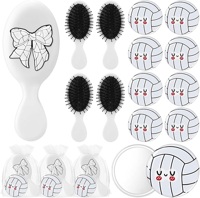 Wonderjune 12 Set Mini Hair Brush Bulk Compact Mirror with Bags Sports Party Favor Team Gift for Women Curly Thick Straigh...