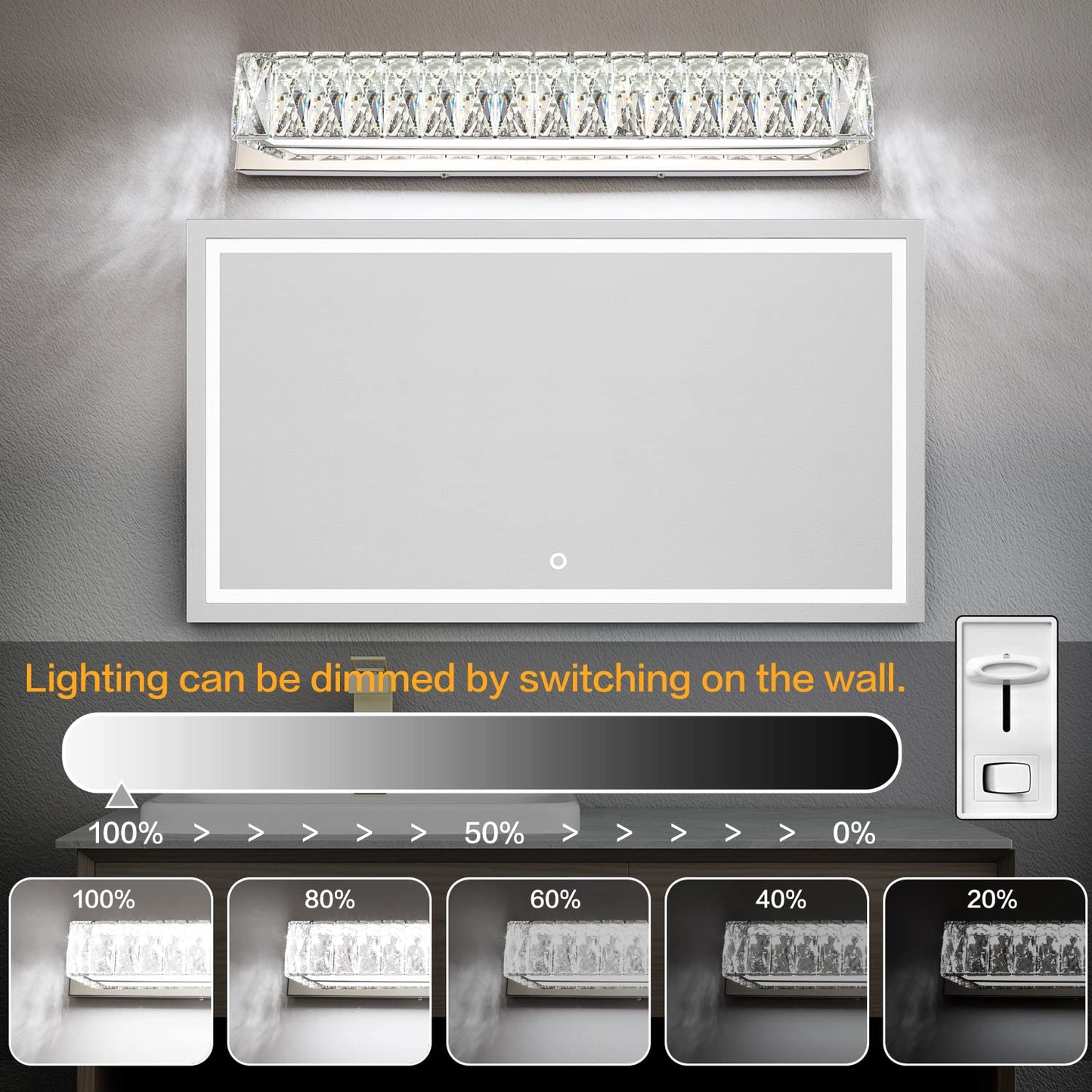 ZUZITO LED Bathroom Vanity Light - 18W Crystal Chrome, 22.8 inch, Dimmable, Model S17500-580mm-6200K