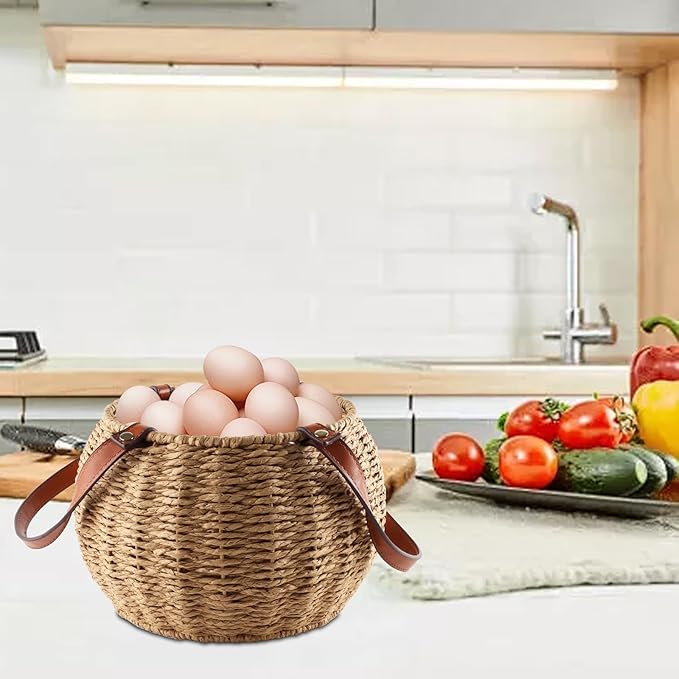 Farmhouse Egg Basket,Large Egg Collecting Basket with Handle,Round Wicker Egg Basket for Gathering and Carrying Fresh Eggs, Egg Holder for Kitchen Countertop,Picnic,Garden