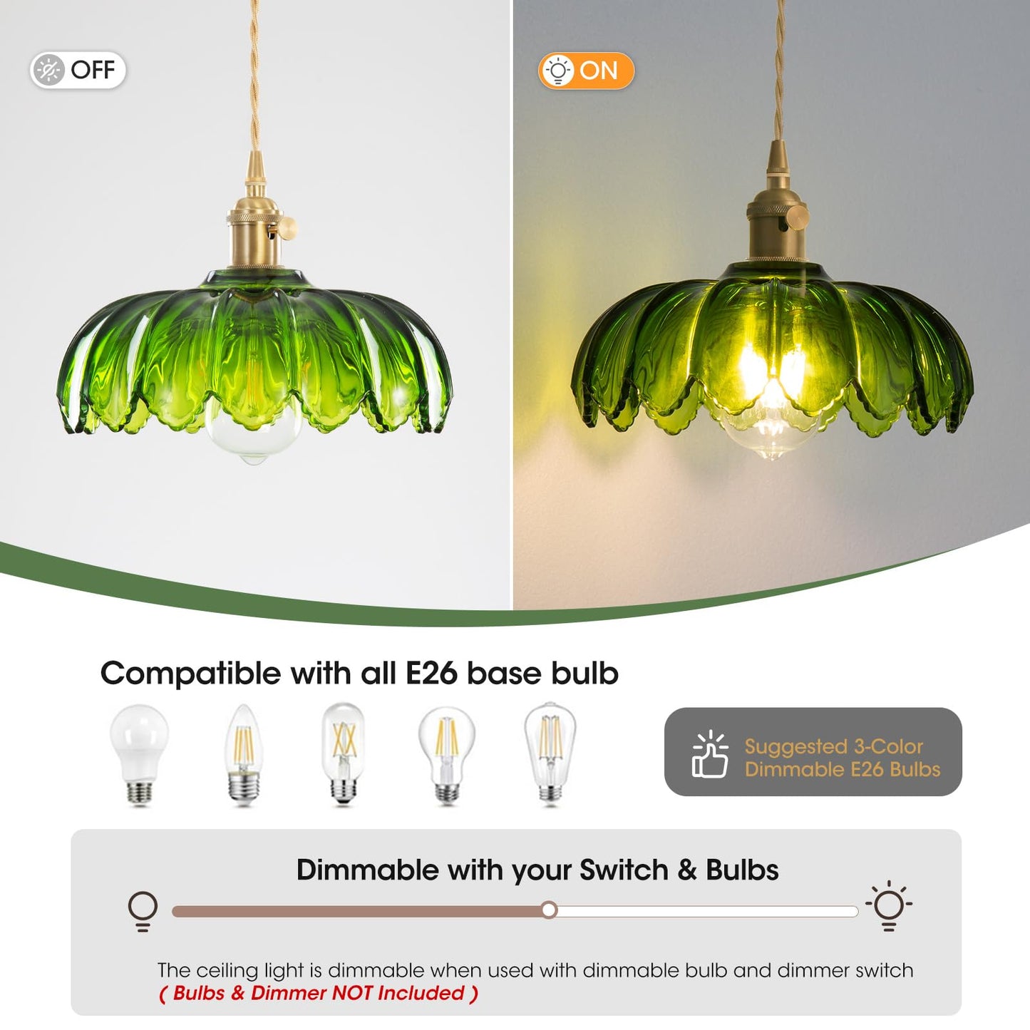 Beserwin Plug In Pendant Light  Hanging Lights With Plug In Cord  Hanging Light Fixture With Green Glass  E26 Pendant Lighting For Kitchen Island  Bedroom  Dining Room  Living Room