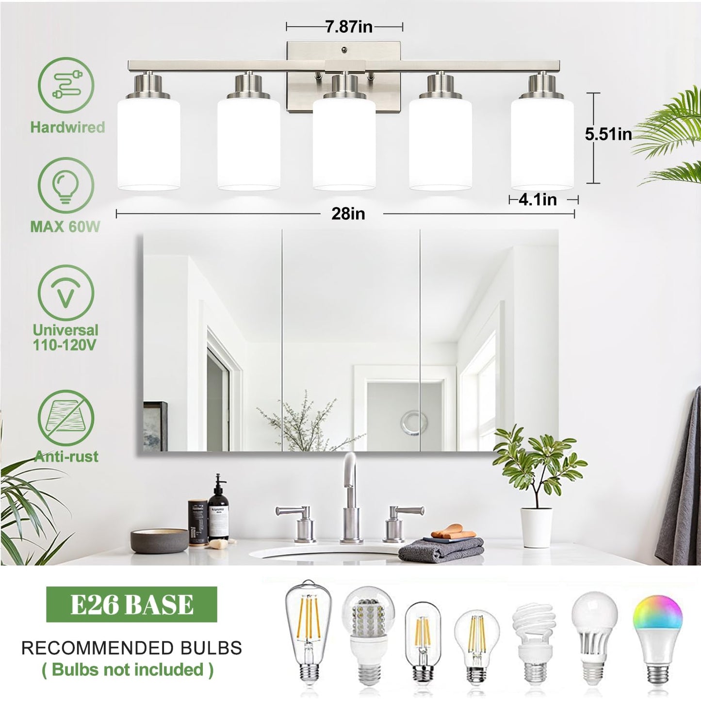 5-Light Vanity Light With Milky White Shades  Brushed Nickle Bathroom Lighting Fixtures Over Mirror  Modern Bathroom Wall Lamp For Mirror Living Room Cabinet Bedroom