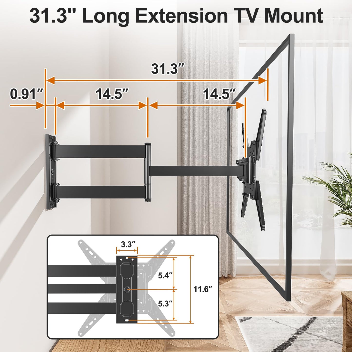 ELIVED 31.3 Inch Long Arm TV Mount for Most 32-65 Inch TVs, Swivel and Tilt Long Extension TV Wall Mount, Full Motion Wall Mount Bracket Max VESA 400x400mm, Holds up to 99 lbs.