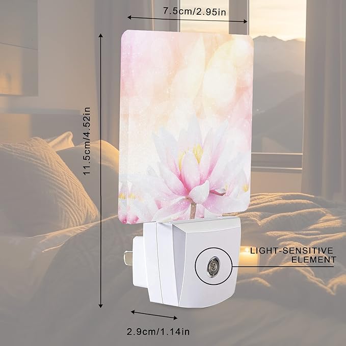 Pink Water Lily Lotus Night Light Plug-in LED Nightlights Auto Sensor Night Lamp Dusk-to-Dawn Lamp Home Decor for Nursery Children Girls Boys