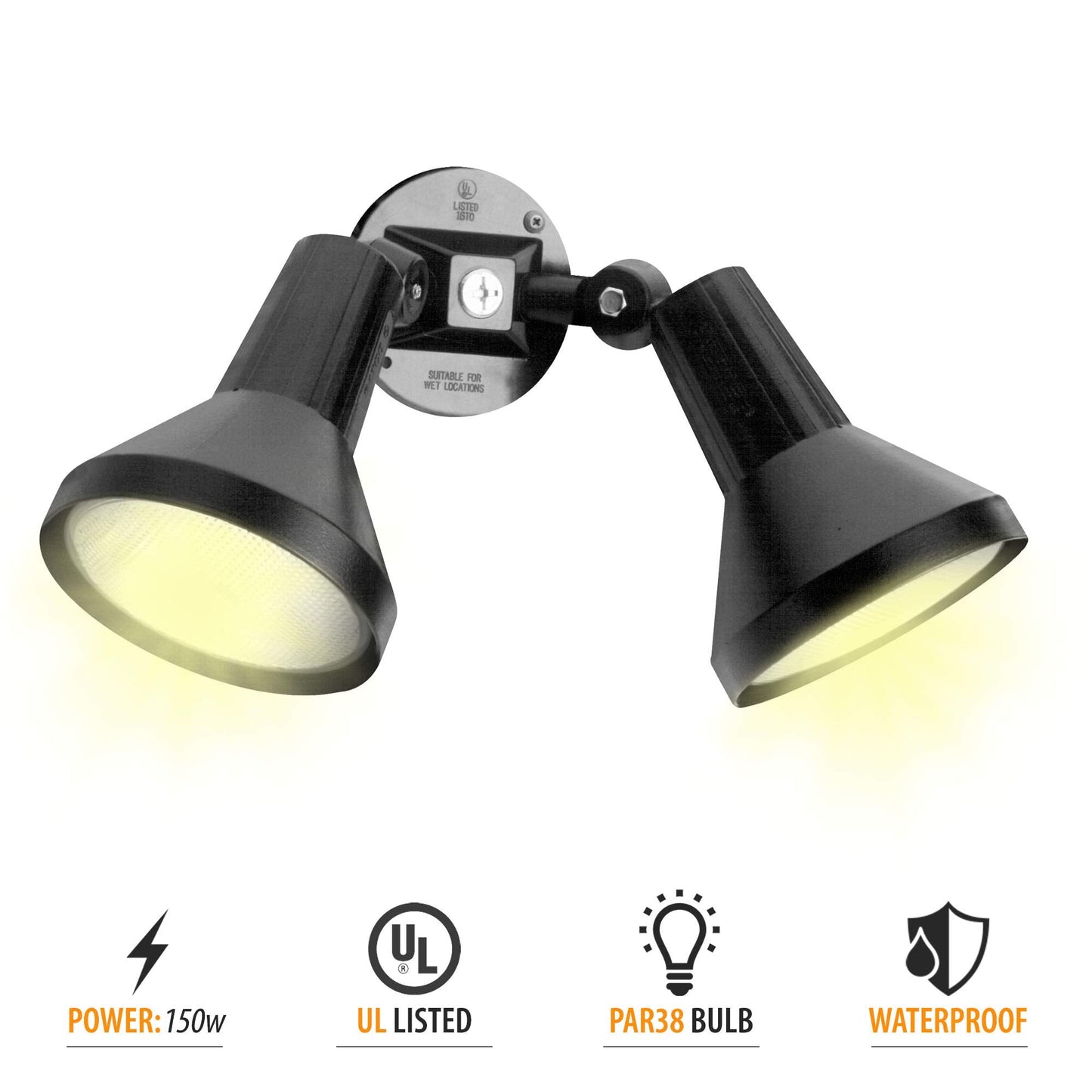 Ciata 15in Outdoor Security Flood Light, 150W PAR38, Heavy Duty Cast Aluminum, Weather Proof, Black Finish