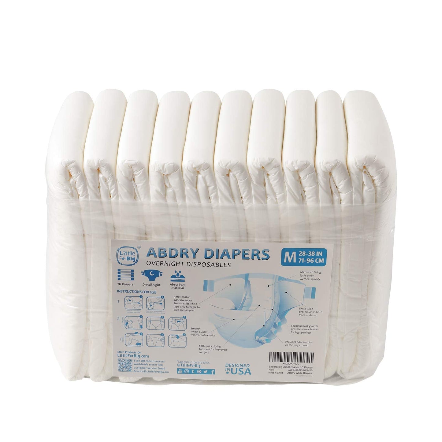 Littleforbig Adult Diaper 10 Pieces - ABDry New White Diapers (Medium 28"-38")