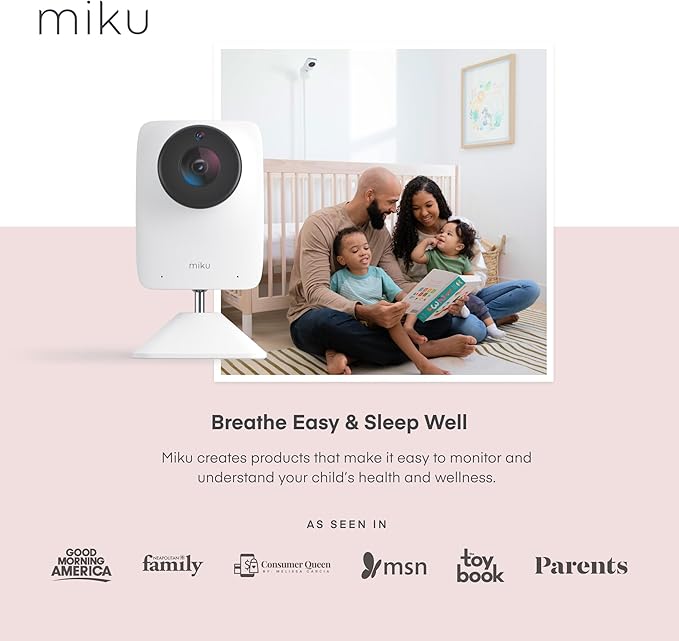 Miku Pro Smart Baby Monitor with Camera, Track Live Breathing with No Wearable, Real-Time Alerts, Sleep Analytics, 1080p Wi-Fi Video, Night Vision, and 2-Way Audio, Wall Mount Included