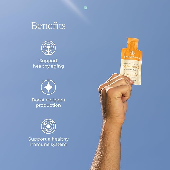 CYMBIOTIKA Vitamin C Individual Packets, Liposomal Delivery, 1000mg, Supplement for Immune Support, Collagen Boost, & Healthy Aging, Skin Hydration Packets, Citrus Vanilla Flavor, 2 Month Supply
