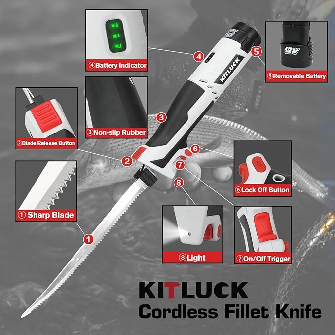 KITLUCK Cordless Electric Fillet Knife - 12V Cordless Fishing Knife with 6'', 8'' and 10'' Stiff Blades, 2 Rechargeable Battery Packs, 1 Charger, Electric Fish Fillet for Fishing, Filleting