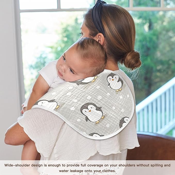 Kigai Cute Cartoon Penguin Muslin Baby Burp Cloths, Large Absorbent Cotton Muslin Burp Cloths Set of 1, Washcloths, Face Towel, Bibs for Newborn Boys Girls, 11 x22 Inch
