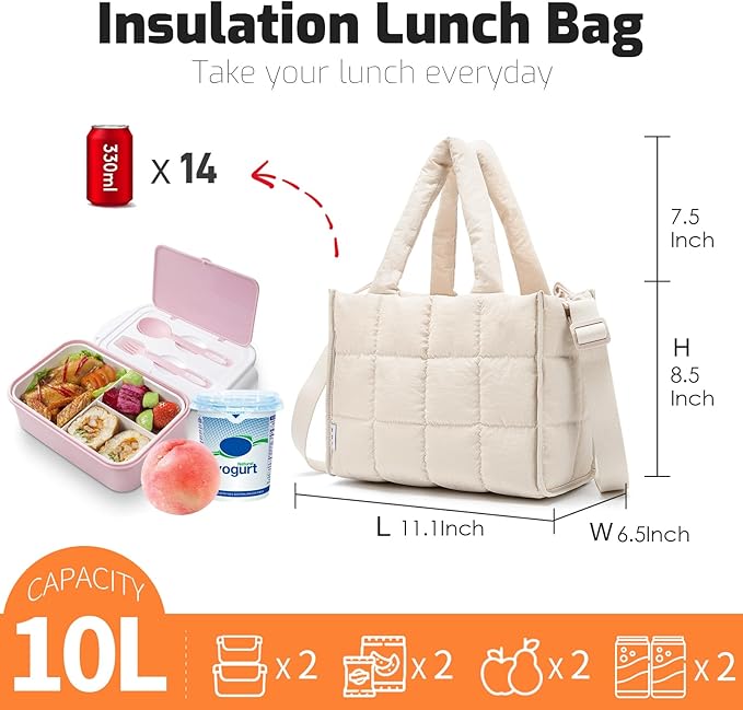 NOL Natural Organic Lifestyle Women's Nylon Lunch Cooler Quilted Tote Bag Puffy Insulated Lunch Bag for Women, Lightweight Waterproof Lunch Box for Work, Picnic, Outdoors, Cream