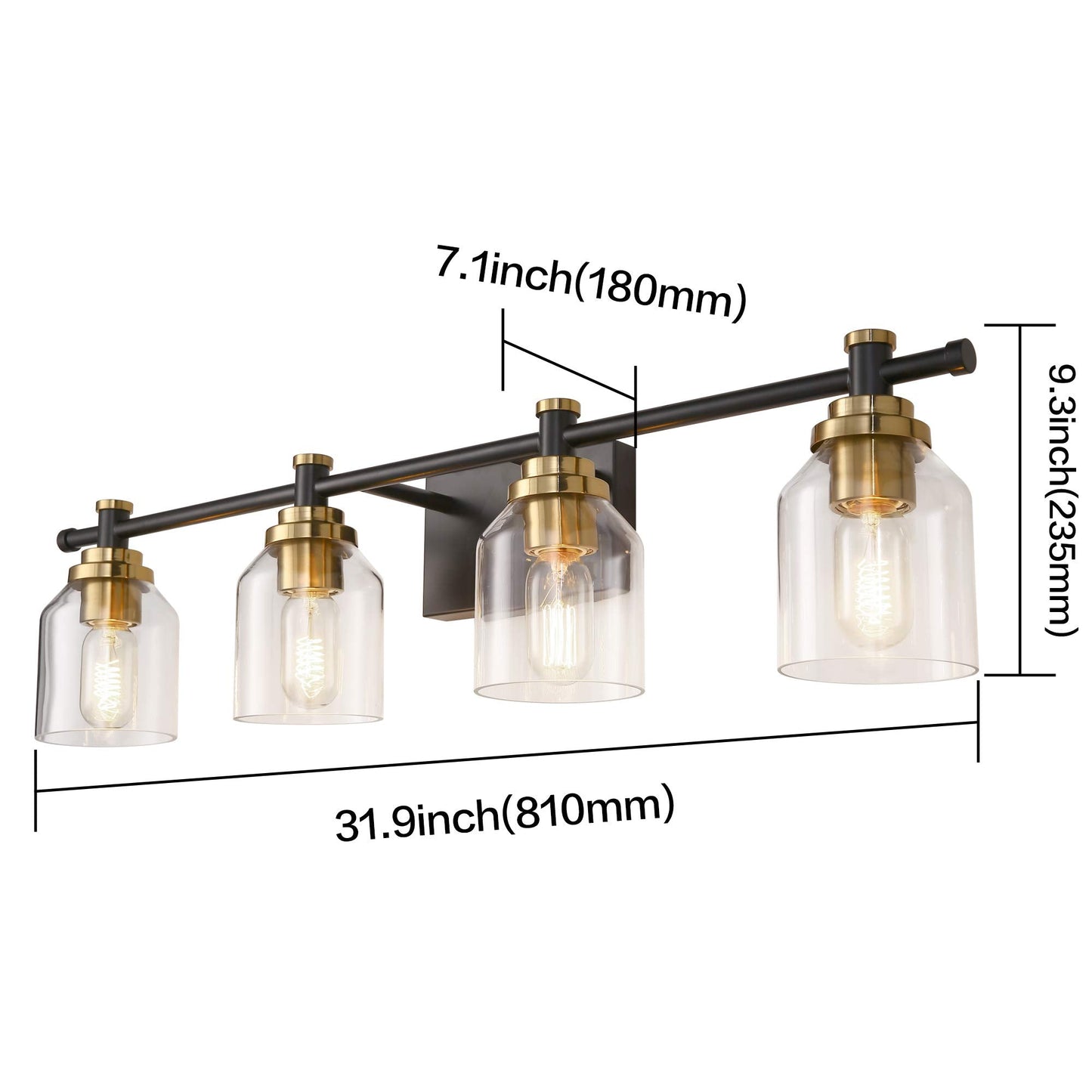 SOLFART Vintage Vanity Light Fixture, 4 Lights, Clear Glass & Black Brass, Model 7900-4T