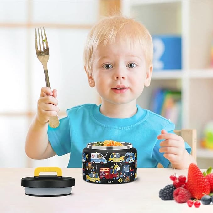 PIQUEBAR 8oz Kids Thermo for Hot Food,Small Lunch Thermos Food Container Stainless Steel,Easy Open Wide Mouth Thermo for Hot Cold Food for Preschool Travel (Black Animal Truck)